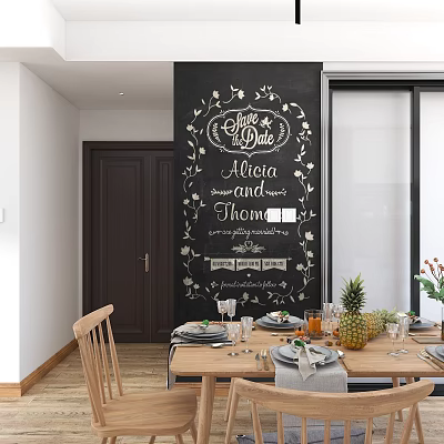 Chalkboard Wall Hanging With Floral Patterns Handwritten Save the Date and Names Above Dining Table 3d model