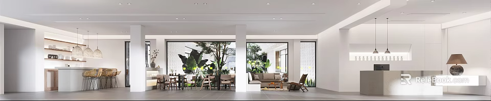 Modern Hotel Lobby Design Featuring Large Windows Natural Light Green Plants Sofa And Chairs 3d model 