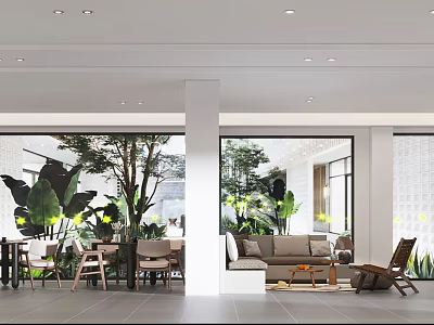 Modern Hotel Lobby Design Featuring Large Windows Natural Light Green Plants Sofa And Chairs 3d model
