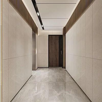 Modern Elevator Hallway Featuring Light Colored Walls Wooden Accents Polished Floor And Recessed Lighting 3d model