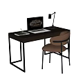 Modern Black Desk With Laptop Table Lamp Coffee Cup And Brown Chair