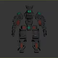 3D Mechanical Robot Model With Gray Armor Green Red Accents And Angular Head Design