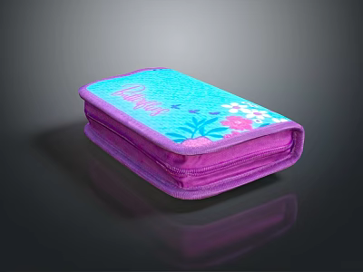 Purple Floral Pencil Case with Blue Surface and Zipper Closure for School Supplies Organization 3d model