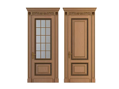 Wooden Hinged Doors With Glass Panes Solid Panel Carved Frames And Golden Handles 3d model