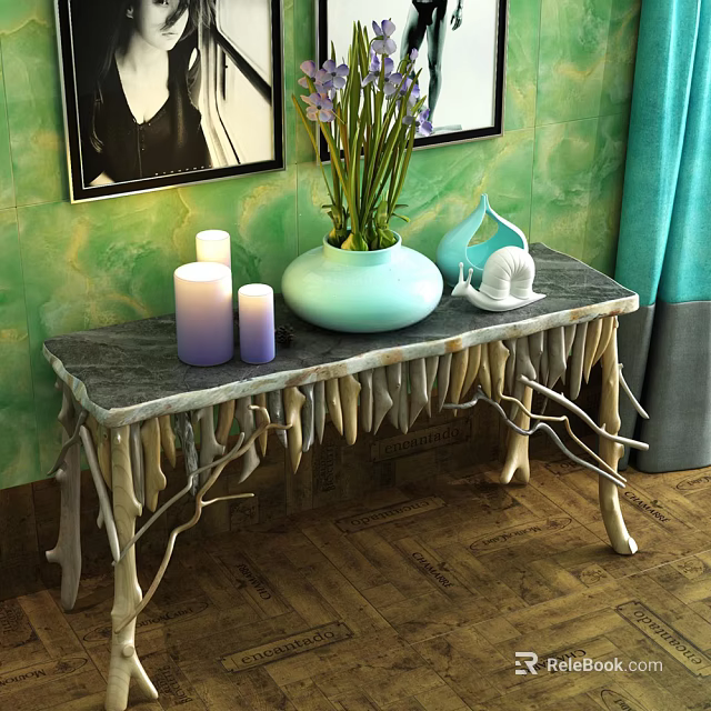 Stylish Console Table Featuring Marble Top Branch Like Legs With Vase Candles And Shell Ornament 3d model 