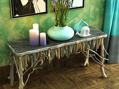 Stylish Console Table Featuring Marble Top Branch Like Legs With Vase Candles And Shell Ornament 3d model