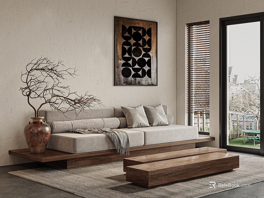 Light Gray Double Sofa With Throw Pillows And Wooden Coffee Table In Cozy Living Room 3d model 