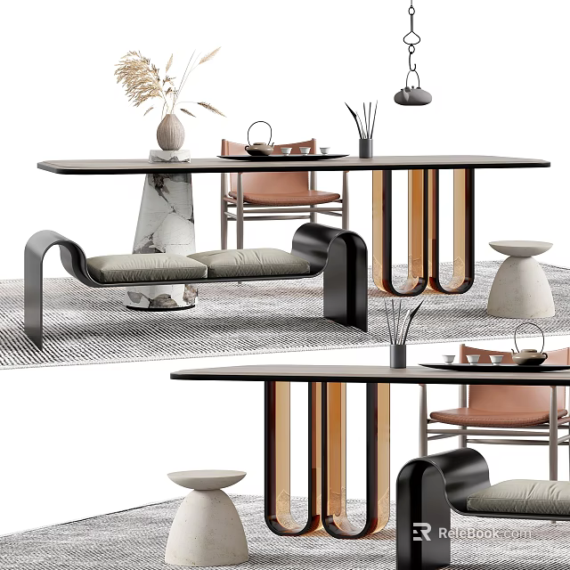Modern Tea Table and Chairs with Marble Top Metal Legs and Decorative Vase 3d model 