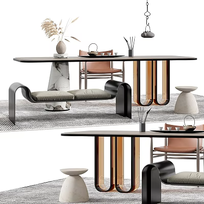 Modern Tea Table and Chairs with Marble Top Metal Legs and Decorative Vase 3d model