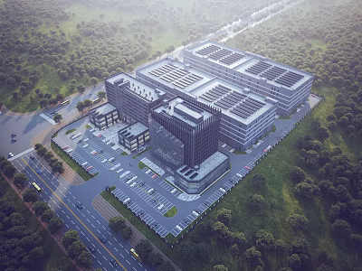 Modern Large Industrial Factory With Steel Structure Roof And Surrounding Greenery Parking Lot 3d model