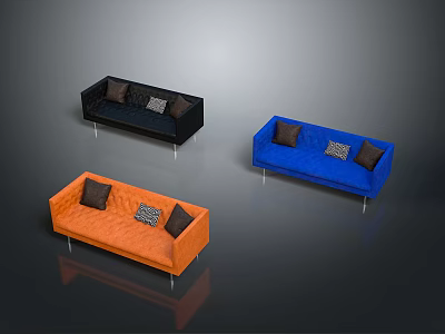 Modern Colorful Sofas In Black Blue Orange With Decorative Pillows And Metal Legs 3d model
