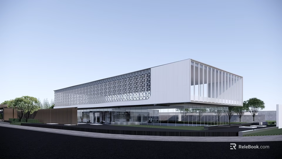 Modern Sales Office Building With White Glass Facade Perforated Grilles And Landscaped Entrance 3d model 