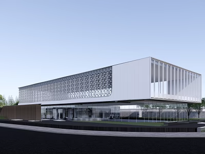 Modern Sales Office Building With White Glass Facade Perforated Grilles And Landscaped Entrance 3d model