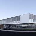 Modern Sales Office Building With White Glass Facade Perforated Grilles And Landscaped Entrance