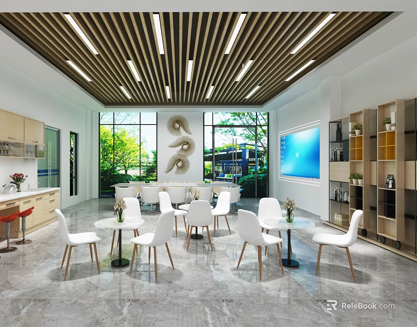 Modern Break Room Interior Design With White Tables Chairs Large Windows And Green Plants 3d model 