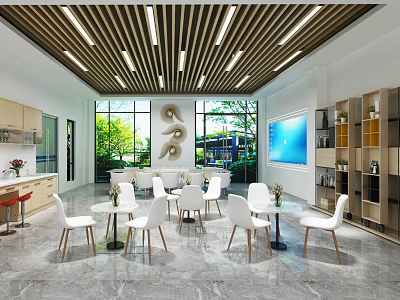 Modern Break Room Interior Design With White Tables Chairs Large Windows And Green Plants 3d model