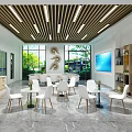 Modern Break Room Interior Design With White Tables Chairs Large Windows And Green Plants