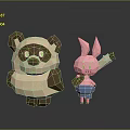 Handmade Paper Craft Panda And Pink Rabbit Figurines With Reflection On Dark Background