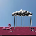 Cloud Shaped Playground Swing on Pink Beach with Flamingo Float and Ocean View