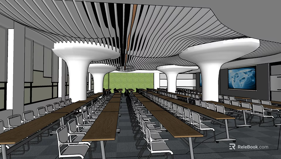 Modern Conference Room With Long Tables White Pillars And Green Accent Wall 3d model 