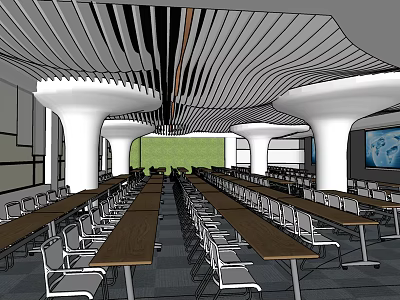 Modern Conference Room With Long Tables White Pillars And Green Accent Wall 3d model
