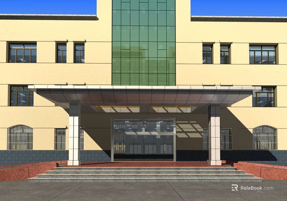 Main Entrance Gate of Building Featuring Yellow Facade Green Glass Curtain Wall Canopy Steps and Columns 3d model 