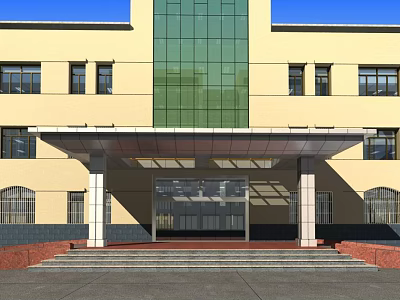 Main Entrance Gate of Building Featuring Yellow Facade Green Glass Curtain Wall Canopy Steps and Columns 3d model