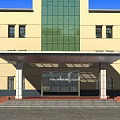 Main Entrance Gate of Building Featuring Yellow Facade Green Glass Curtain Wall Canopy Steps and Columns
