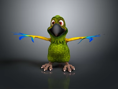 Cartoon Parrot With Green Body Yellow Wings Blue Tail Feathers Standing With Spread Wings 3d model