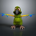 Cartoon Parrot With Green Body Yellow Wings Blue Tail Feathers Standing With Spread Wings
