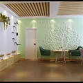 Cozy School Lounge With Green Chairs Round White Tables Wooden Bookshelves And Hanging Plants