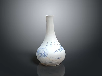 Artistic Hand Carved Ceramic Vase Featuring Blue Patterns And Chinese Characters 3d model