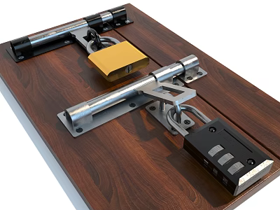 Metal Padlocks And Bolts On Wooden Surface With Security Lock Components 3d model