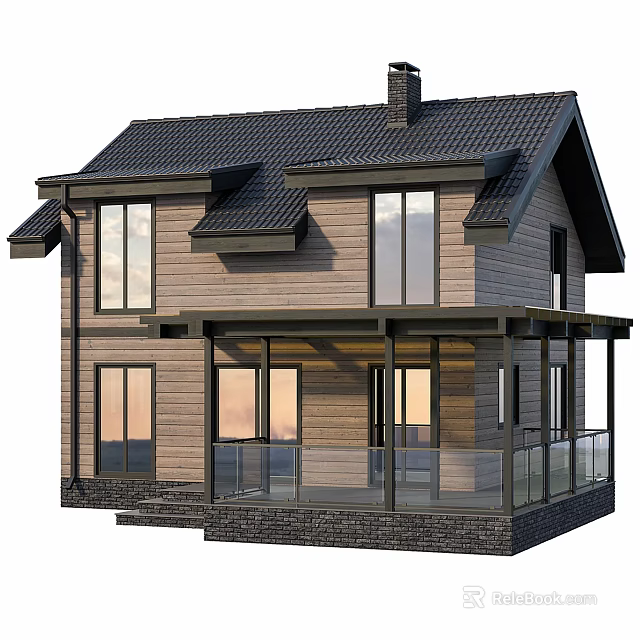 Modern Two Story Wooden House With Black Roof Large Windows And Glass Railing Patio 3d model 