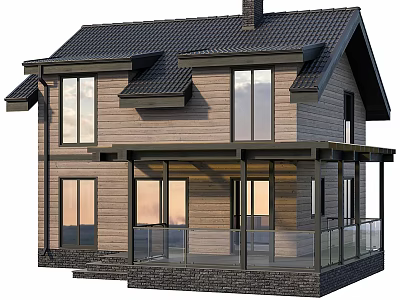 Modern Two Story Wooden House With Black Roof Large Windows And Glass Railing Patio 3d model