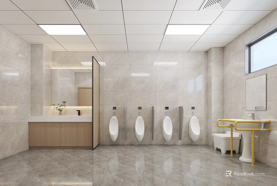 Modern Public Restroom Interior With Urinals Washbasin Mirror Handrails Tiled Walls Floor And Window 3d model 