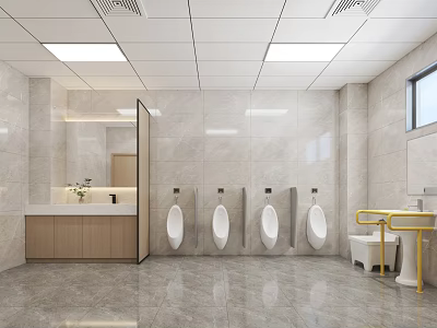 Modern Public Restroom Interior With Urinals Washbasin Mirror Handrails Tiled Walls Floor And Window 3d model