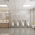 Modern Public Restroom Interior With Urinals Washbasin Mirror Handrails Tiled Walls Floor And Window