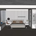 Modern Bedroom Interior With Large Bed Built-in Wardrobe Blinds And Area Rug
