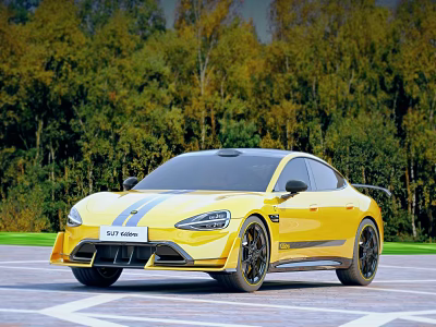 Yellow Sports Car With Racing Stripes On Wooded Road Surface 3d model