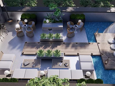 Stylish Roof Garden Design With Lounge Area Swimming Pool And Green Plants 3d model