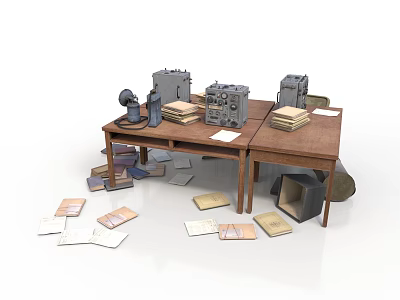 Vintage Office Supplies On Wooden Desk With Scattered Papers And Old Equipment 3d model