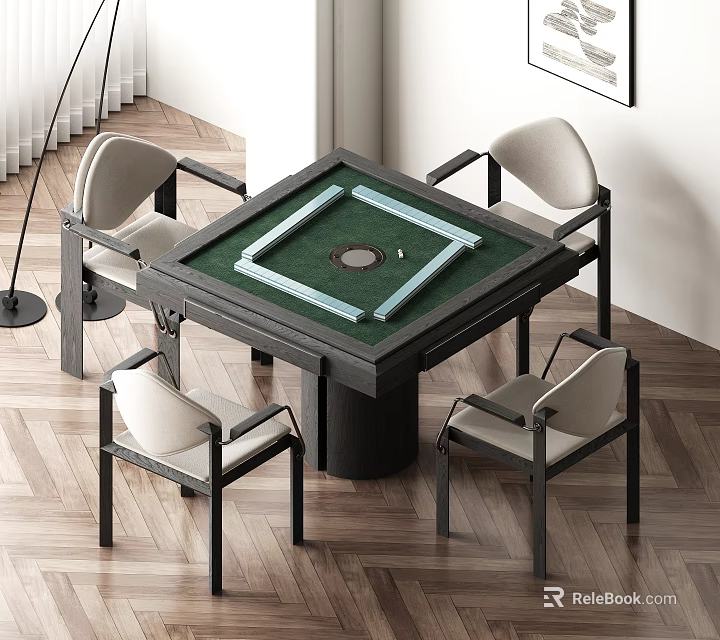Modern Square Green Felt Entertainment Table With White Border And Four Light Gray Chairs 3d model 