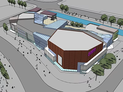 Modern Commercial Street With Shopping Mall Pedestrian Area Greenery And Water Feature 3d model