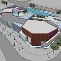 Modern Commercial Street With Shopping Mall Pedestrian Area Greenery And Water Feature