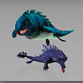 Vibrant Blue Green Finned And Purple Spiky Mythical Creatures With Fangs And Tongue Out