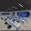 Modern Control Room Setup With Multiple Screens Control Desks And Blue Lighting 3d model