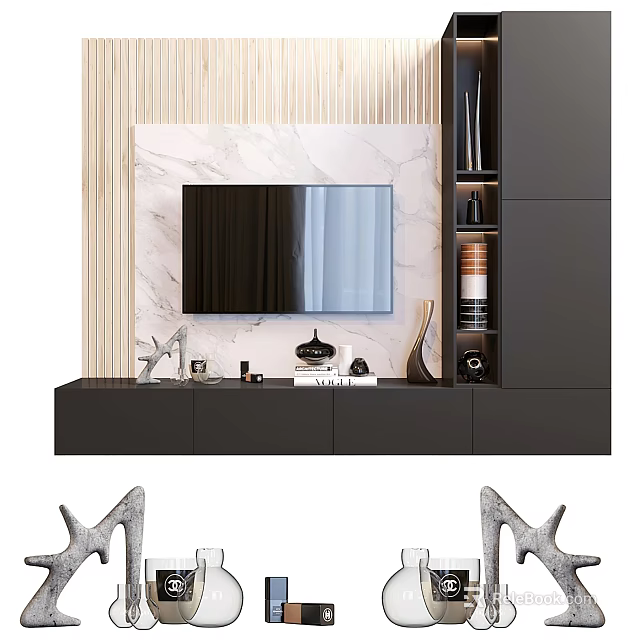 Modern TV Background Wall Design With Marble Panel Black Cabinets And Decorative Items 3d model