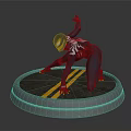 Dark Clad Character And Creature Kneeling On Round Platform With Yellow Dual Stripes Raising Arm