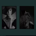Black and White Female Portrait Paintings With Wide Brimmed Hat Back View And Geometric Background